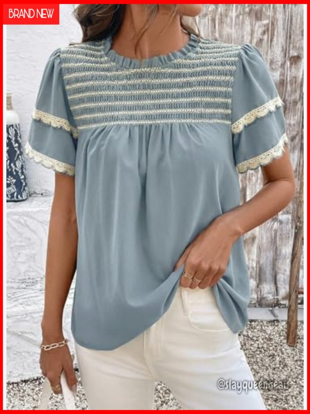 Women Crewneck Ruffle Short Sleeve Blouse Flowy Boho Top - Picture 2 of 7